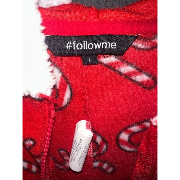 #Follow me Christmas one piece zip up pajamas santa hood candy canes women's Lar - Picture 6 of 6